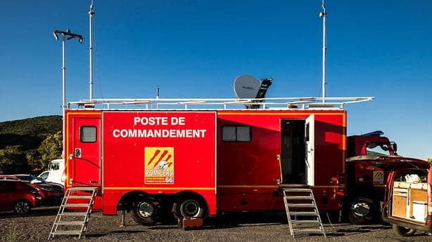 French fire fighters command post SDIS 66 in the area near the point of origin of the wildfire at the Col des Auzines in Trevillach