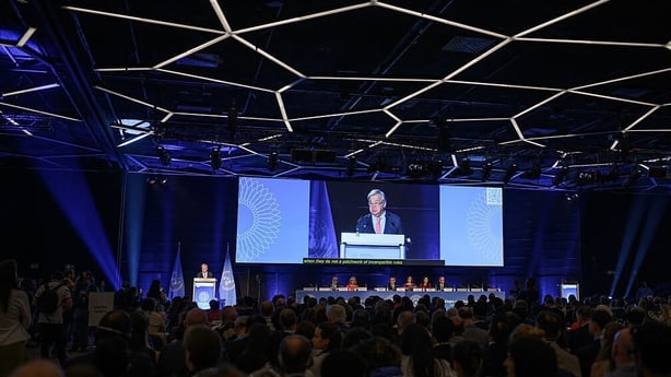 UN Secretary-General Antonio Guterres delivers the opening speech of the first Global Dialogue on AI Governance, in Geneva on July 6, 2026. Guterres called for a global governance system to shape artificial intelligence for the good of humanity, warning against allowing the technology itself to 