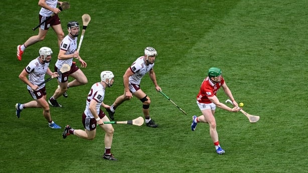 4 July 2026; Cormac O'Brien of Cork in action against Galway players, left to right, Darren Morrissey, Darragh Neary, Cian Daniels, Joshua Ryan, and Daithí Burke during the GAA Hurling All-Ireland Senior Championship semi-final match between Cork and Galway at Croke Park in Dublin. Photo by Daire Br