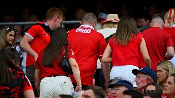 4 July 2026; Cork supporters head for the exits during the GAA Hurling All-Ireland Senior Championship semi-final match between Cork and Galway at Croke Park in Dublin. Photo by Ray McManus/Sportsfile