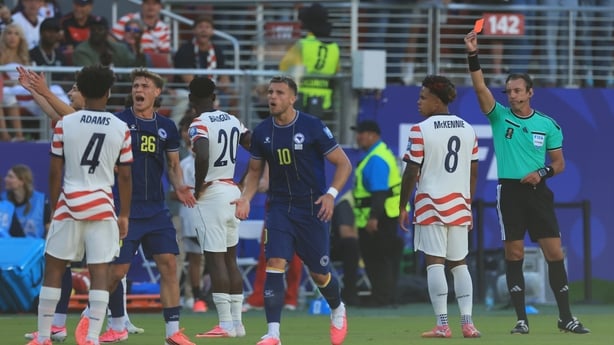 SANTA CLARA, CALIFORNIA - JULY 1: Folarin Balogun of United States is shown a red card by Referee Raphael Claus during the FIFA World Cup 2026 Round Of 32 match between USA and Bosnia and Herzegovina at San Francisco Bay Area Stadium on July 1, 2026 in Santa Clara, United States. (Photo by MB Media/