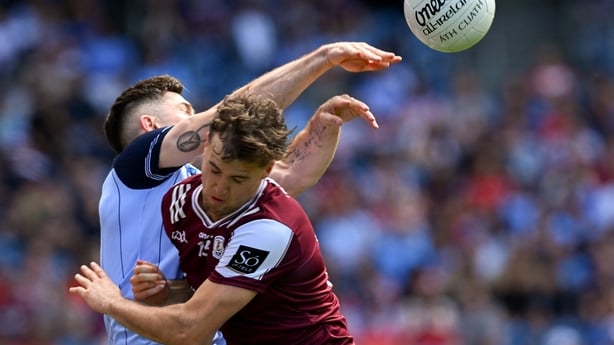 28 June 2026; David Byrne of Dublin is tackled by Robert Finnerty of Galway during the GAA Football All-Ireland Senior Championship quarter-final match between Dublin and Galway at Croke Park in Dublin. Photo by Ray McManus/Sportsfile