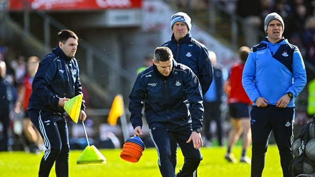 22 March 2026; Dublin backroom team members, from left, Josh Warde, coach Stephen Cluxton, coach Denis Bastick and manager Ger Brennan before the Allianz Football League Division 1 match between Galway and Dublin at Pearse Stadium in Galway. Photo by Piaras Ó Mídheach/Sportsfile