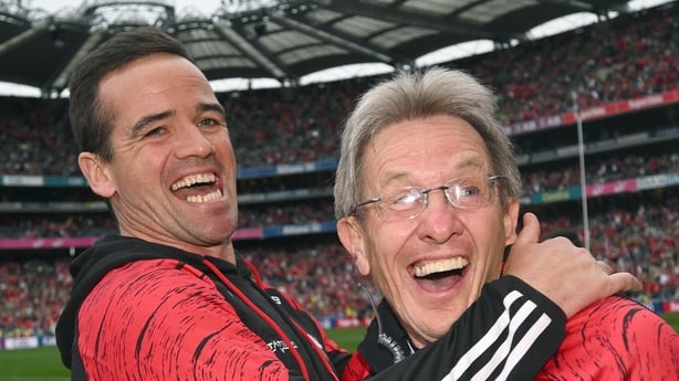 11 May 2025; Louth manager Ger Brennan, left, and selector Niall Moyna celebrate at the final whistle of the Leinster GAA Football Senior Championship final match between Louth and Meath at Croke Park in Dublin. Photo by Ramsey Cardy/Sportsfile