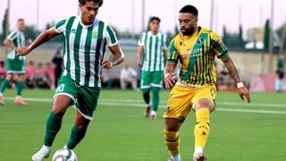 7 July 2026; Federico Varela of Floriana is in action gainst Jake Mulraney of Shamrock Rovers during the UEFA Champions League First Qualifying Round 1st Leg match between Floriana and Shamrock Rovers at Centenary Stadium, Ta' Qali, Malta. Photo by Domeni