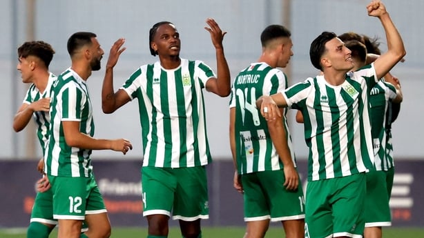 7 July 2026; Floriana players celebrate after Robert Muric, hidden, scored their side's first goal during the UEFA Champions League First Qualifying Round 1st Leg match between Floriana and Shamrock Rovers at Centenary Stadium, Ta' Qali, Malta. Photo by Domenic Aquilina/Sportsfile