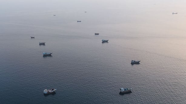 Boats anchored off Oman's northern Musandam Peninsula near the Strait of Hormuz