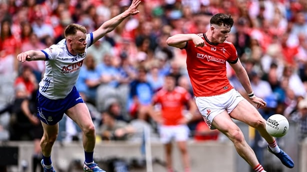 James Maguire of Louth (R) in action against Ryan McAnespie of Monaghan - 2026 Leinster semi-final 