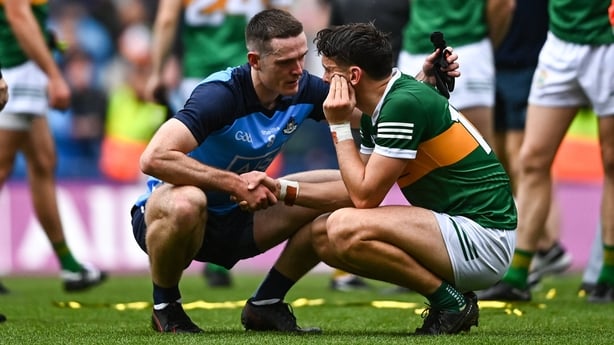 30 July 2023; Brian Fenton of Dublin consoles David Clifford of Kerry after the GAA Football All-Ireland Senior Championship final match between Dublin and Kerry at Croke Park in Dublin. Photo by Eóin Noonan/Sportsfile