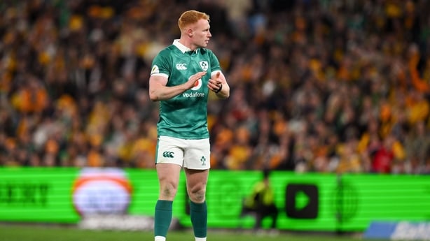 4 July 2026; Ciarán Frawley of Ireland during the 2026 Nations Championship Round One match between Australia and Ireland at Allianz Stadium in Sydney, Australia. Photo by Brendan Moran/Sportsfile