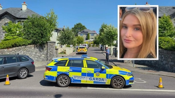 An image of Jamey Carney is seen with a picture of gardaí at the murder scene in the background