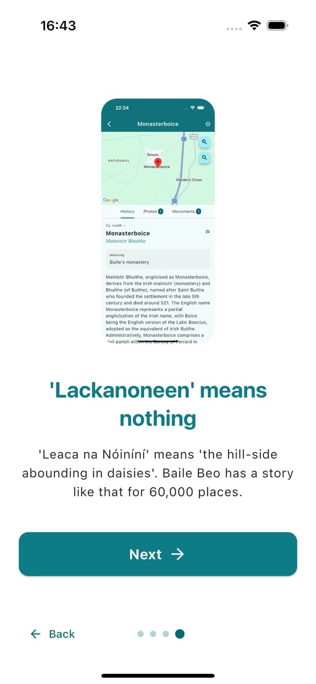 Baile Beo onboarding screen