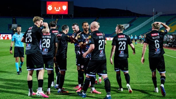 Liam Boyce celebrates with Derry City team-mates against CSKA Sofia