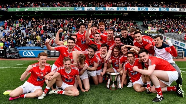 23 April 2016; The Louth players celebrate with the cup. Allianz Football League, Division 4, Final, Louth v Antrim. Croke Park, Dublin. Picture credit: Ray McManus / SPORTSFILE