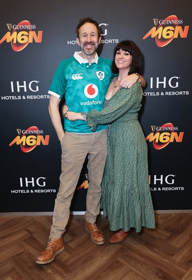 LONDON, ENGLAND - FEBRUARY 21: Chris O'Dowd (L) and Dawn O'Porter join IHG Hotels & Resorts at The Six Nations Championships at Twickenham Stadium on February 21, 2026 in London, England. (Photo by Max Cisotti/Dave Benett/Getty Images for IHG Hotels & Resorts)