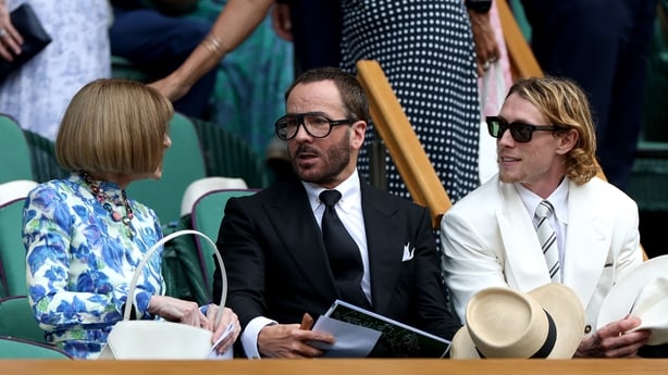 Anna Wintour, Tom Ford, and George MacKay attend the Royal Box on day twelve of The Championships Wimbledon 2026 at All England Lawn Tennis and Croquet Club on 10 July, 2026 in London. (Photo by Cameron Spencer/Getty Images) 