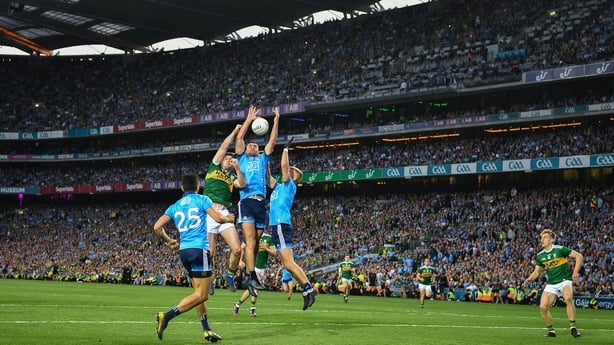 Dublin , Ireland - 14 September 2019; James McCarthy of Dublin and team-mate Jonny Cooper combine to twart Paul Geaney of Kerry during the last minute of the GAA Football All-Ireland Senior Championship Final Replay match between Dublin and Kerry at Croke Park in Dublin. (Photo By Ray McManus/Sports