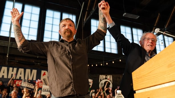 Graham Platner, Democratic US Senate candidate for Maine, left, and Senator Bernie Sanders, an Independent from Vermont, during a Fighting Oligarchy event in Portland, Maine