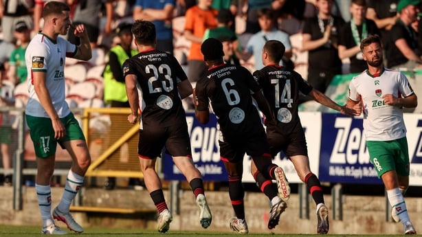 10 July 2026; Dean Williams of Longford Town, 14, celebrates after scoring his side's first goal, a penalty during the SSE Airtricity Men's First Division match between Cork City and Longford Town at Turner's Cross in Cork. Photo by Michael P Ryan/Sportsfile