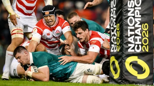 11 July 2026; Nick Timoney of Ireland scores his side's first try during the 2026 Nations Championship Round Two match between Japan and Ireland at McDonald Jones Stadium in Newcastle, Australia. Photo by Brendan Moran/Sportsfile