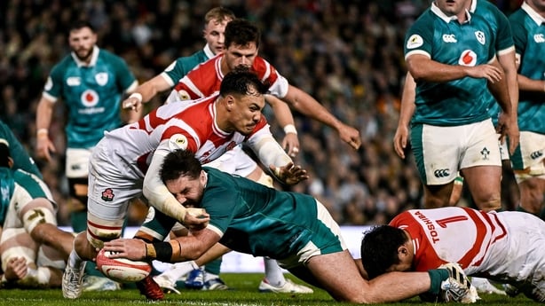 11 July 2026; Tom O'Toole of Ireland dives over to score his side's second try during the 2026 Nations Championship Round Two match between Japan and Ireland at McDonald Jones Stadium in Newcastle, Australia. Photo by Brendan Moran/Sportsfile