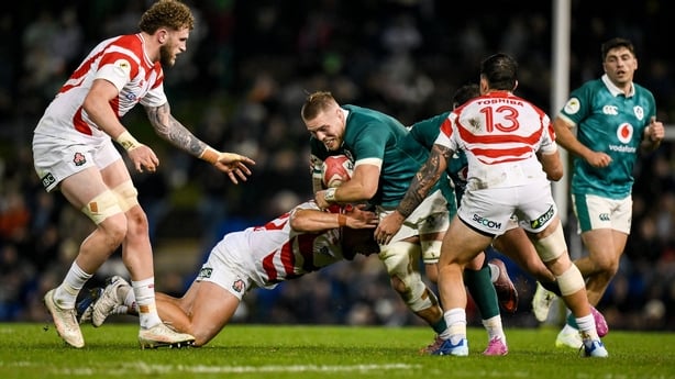 11 July 2026; Sean Jansen of Ireland is tackled by Takato Okabe of Japan during the 2026 Nations Championship Round Two match between Japan and Ireland at McDonald Jones Stadium in Newcastle, Australia. Photo by Brendan Moran/Sportsfile