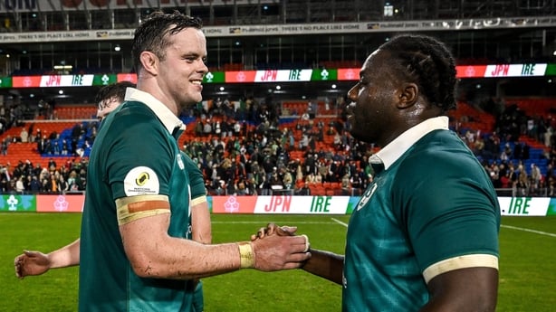 11 July 2026; James Ryan, left, and Sam Illo of Ireland after the 2026 Nations Championship Round Two match between Japan and Ireland at McDonald Jones Stadium in Newcastle, Australia. Photo by Brendan Moran/Sportsfile