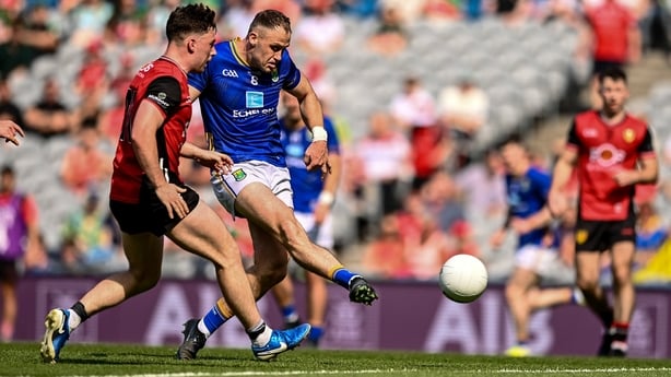 Dean Healy of Wicklow scores his side's first goal during the Tailteann Cup final match between Down and Wicklow at Croke Park in Dublin. Photo by Ben McShane/Sportsfile