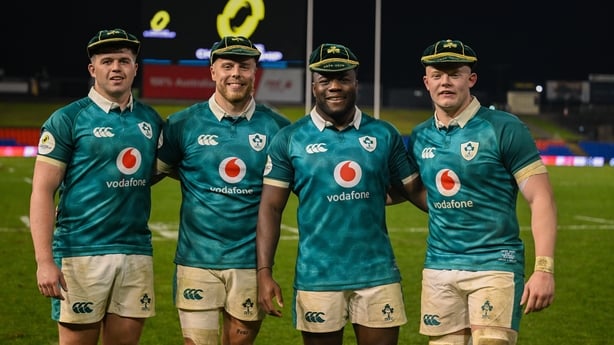 11 July 2026; Ireland players, from left, Billy Bohan, Sean Jansen, Sam Illo and Bryn Ward with their first international cap after the 2026 Nations Championship Round Two match between Japan and Ireland at McDonald Jones Stadium in Newcastle, Australia. Photo by Brendan Moran/Sportsfile