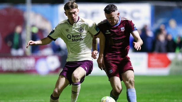 27 February 2026; Alex Nolan of Sligo Rovers in action against Lee Devitt of Galway United during the SSE Airtricity Men's Premier Division match between Galway United and Sligo Rovers at Eamonn Deacy Park in Galway. Photo by Paul Phelan/Sportsfile
