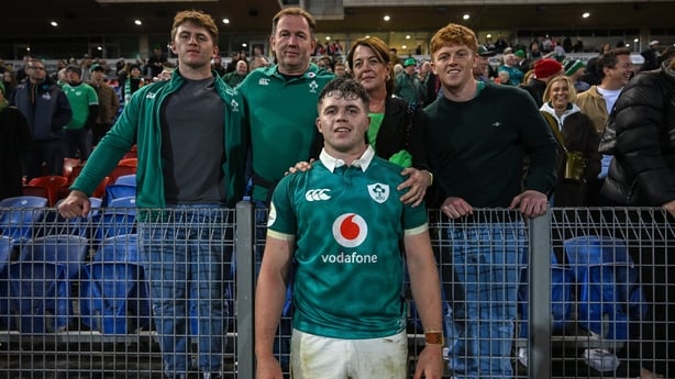 11 July 2026; Billy Bohan of Ireland with his family, parents Enda and Amanda and brothers Jamie and Tom after the 2026 Nations Championship Round Two match between Japan and Ireland at McDonald Jones Stadium in Newcastle, Australia. Photo by Brendan Moran/Sportsfile