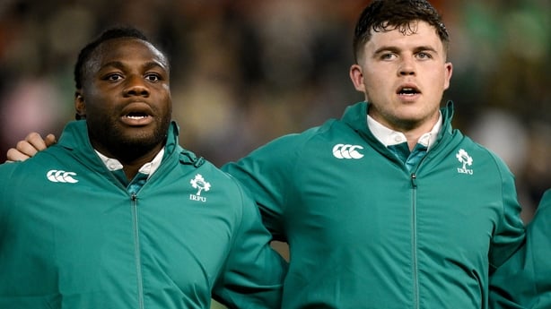 11 July 2026; Ireland players Sam Illo, left, and Billy Bohan during the national anthems before the 2026 Nations Championship Round Two match between Japan and Ireland at McDonald Jones Stadium in Newcastle, Australia. Photo by Brendan Moran/Sportsfile