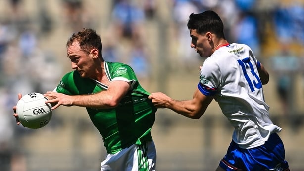 12 July 2026; Matthew Joyce of London in action against Declan Kelly of USGAA during the GAA Football All-Ireland Junior Championship Final match between USGAA and London at Croke Park in Dublin. Photo by Piaras Ó Mídheach/Sportsfile