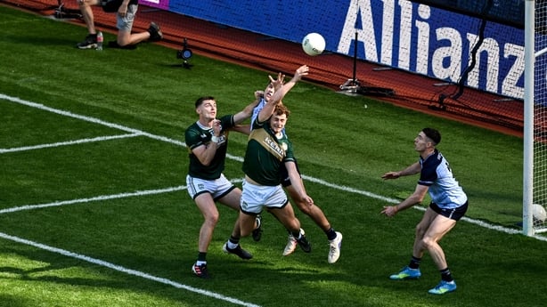 12 July 2026; Seán O'Brien of Kerry scores his side's second goal during the GAA Football All-Ireland Senior Championship semi-final match between Dublin and Kerry at Croke Park in Dublin. Photo by Dáire Brennan/Sportsfile Photo by Daire Brennan/Sportsfile