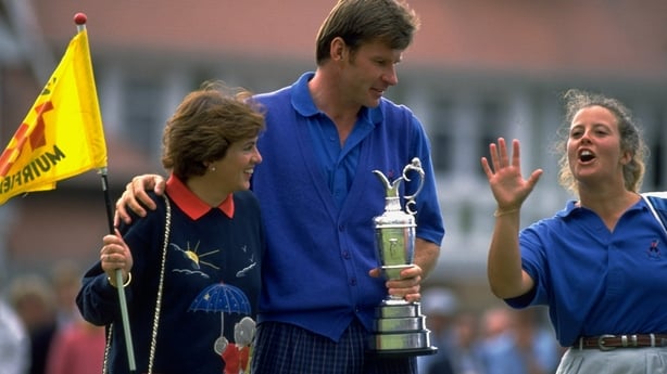 Golf: British Open: Nick Faldo victorious with his wife Gill Bennett (L) and caddie Fanny Sunesson (R) while holding Claret Jug trophy after winning tournament on Sunday at Muirfield Golf Links.Gullane, Scotland 7/19/1992CREDIT: Jacqueline Duvoisin (Photo by Jacqueline Duvoisin /Sports Illustrated