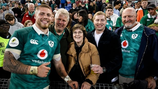 11 July 2026; Sean Jansen of Ireland with his family from left, father Fred, mother Kathleen, brother Ciarán and uncle Luke after the 2026 Nations Championship Round Two match between Japan and Ireland at McDonald Jones Stadium in Newcastle, Australia. Photo by Brendan Moran/Sportsfile