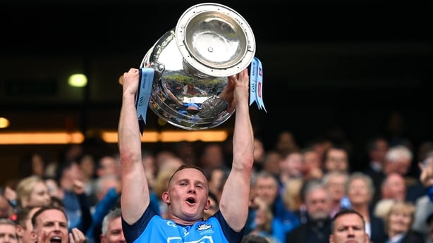 30 July 2023; Ciaran Kilkenny of Dublin lifts the Sam Maguire cup after the GAA Football All-Ireland Senior Championship final match between Dublin and Kerry at Croke Park in Dublin. Photo by Ramsey Cardy/Sportsfile