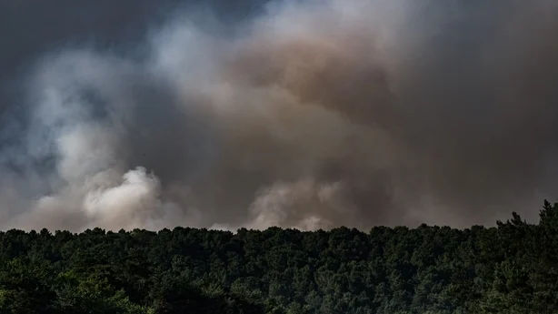 A cloud of smoke is seen in the Ile-de-France region, Paris, France following a forest fire in Fontainebleau Forest
