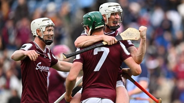 6 June 2026; Galway players Darren Morrissey and Gavin Lee, 7, celebrate after the Leinster GAA Senior Hurling Championship final match between Galway and Dublin at Croke Park in Dublin. Photo by Piaras Ó Mídheach/Sportsfile