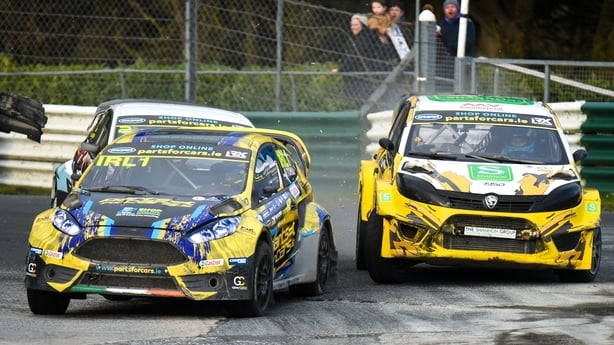 Derek Tohill, in his Ford Fiesta, ahead of Patrick O'Donovan, in his Proton Iriz - 2023 Irish Rallycross Championship