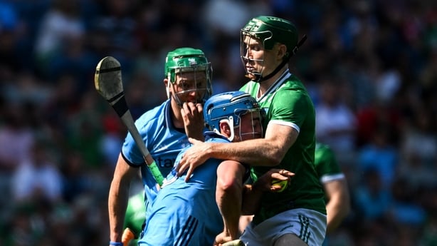 21 June 2025; Riain McBride of Dublin in action against William O'Donoghue of Limerick during the GAA Hurling All-Ireland Senior Championship quarter-final match between Dublin and Limerick at Croke Park in Dublin. Photo by Daire Brennan/Sportsfile