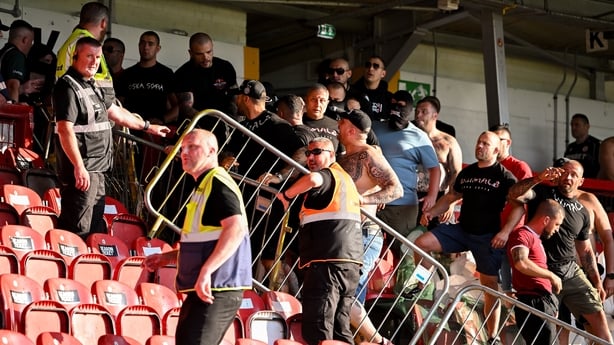 16 July 2026; CSKA Sofia supporters clash with security during the UEFA Europa League First Qualifying Round 2nd Leg match between Derry City and CSKA Sofia at The Ryan McBride Brandywell Stadium in Derry. Photo by Stephen McCarthy/Sportsfile