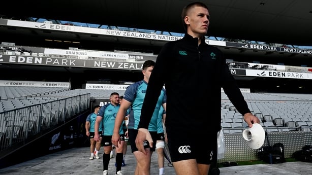 17 July 2026; Sam Prendergast walks out before the Ireland Rugby captain's run at Eden Park in Auckland, New Zealand. Photo by Brendan Moran/Sportsfile