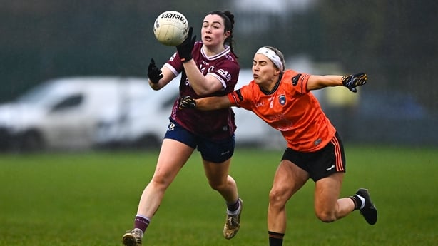 21 February 2026; Leanne Coen of Galway in action against Lauren McConville of Armagh during the Lidl Ladies National Football League Division 1 Round 4 match between Galway and Armagh at Duggan Park in Ballinasloe, Galway. Photo by Tyler Miller/Sportsfile