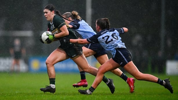 24 January 2026; Rachel Dwyer of Kerry in action against Aoibh Doyle , 26, and Keeva Kenehan of Dublin during the Lidl Ladies National Football League Division 1 Round 1 match between Dublin and Kerry at Phairc Jysk in Dublin. Photo by Tyler Miller/Sportsfile