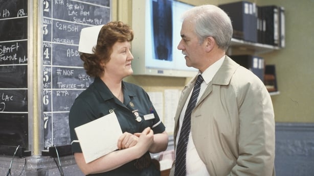 Actors Brenda Fricker and Bernard Gallagher in a scene from the BBC television series 'Casualty', April 10th 1986.