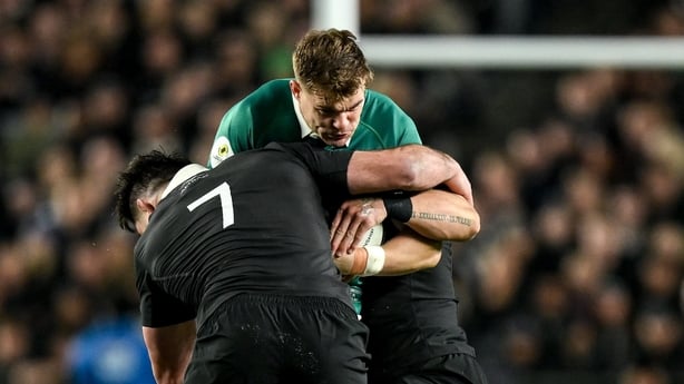 18 July 2026; Garry Ringrose of Ireland is tackled by Luke Jacobson and Tyrel Lomax of New Zealand during the 2026 Nations Championship Round 3 match between New Zealand and Ireland at Eden Park in Auckland, New Zealand.
