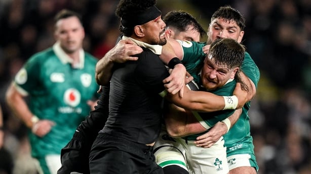 18 July 2026; Joe McCarthy of Ireland is tackled by Ardie Savea of New Zealand during the 2026 Nations Championship Round 3 match between New Zealand and Ireland at Eden Park in Auckland, New Zealand. Photo by Brendan Moran/Sportsfile