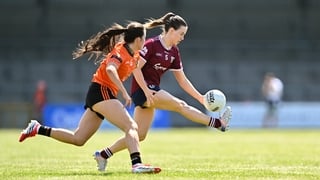 18 July 2026; Hannah Noone of Galway in action against Lara Marsden of Armagh during the LGFA TG4 All-Ireland Senior Championship semi-final match between Armagh and Galway at Glennon Brothers Pearse Park in Longford. Photo by Piaras Ó Mídheach/Sportsfile