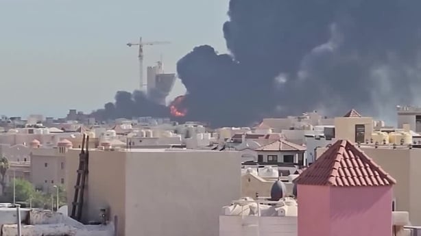 Smoke billows near the oil facility in Mangaf, Kuwait, after an Iranian strike